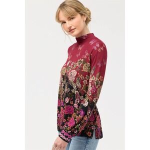 Johnny Was Janie Favorite Mock Neck Top Size PL Burgundy Butterfly Floral Comfy